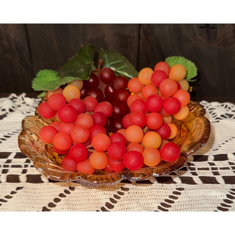 Vintage Tuscan Amber Carnival Glass Kitsch Fruit Bowl with Clusters Faux Grapes